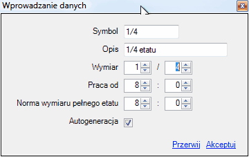Okno wprowadzania danych przy generacji kalendarza. Kalendarze czasu pracy_wprowadzanie_danych